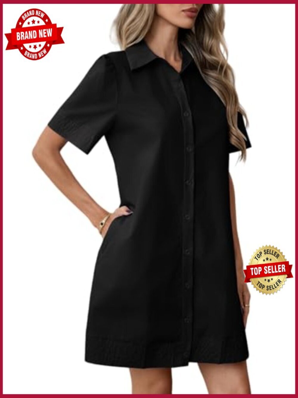 Casual Button Down Mini Shirt Dress Short Sleeve Ruffle Hem Pockets - Picture 4 of 7